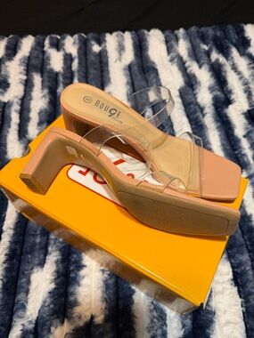 Rouge Helium Nude Pink Clear-Strap Block Heels